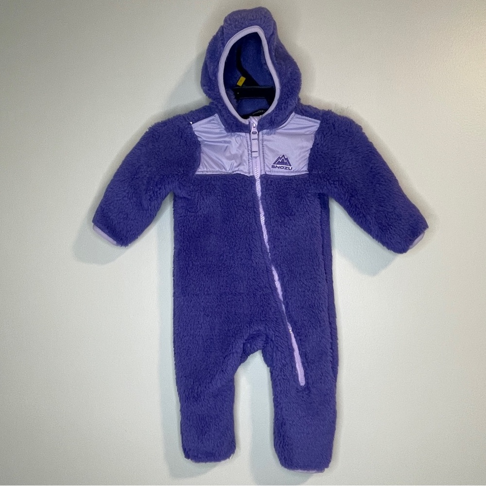 Snozu Purple Fleece Sherpa Hooded Snowsuit Bunting Baby Sz 3/6 Months Zip Up